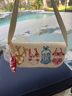 Beaded Bikini Print Shoulder Bag - Ivory